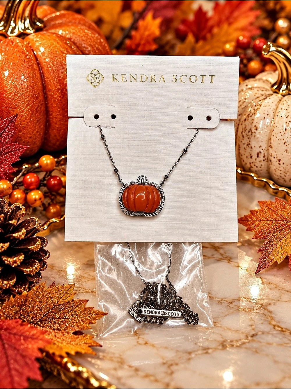 Kendra Scott Orange Pumpkin Pendant Necklace โ Silver Tone Fall Jewelry